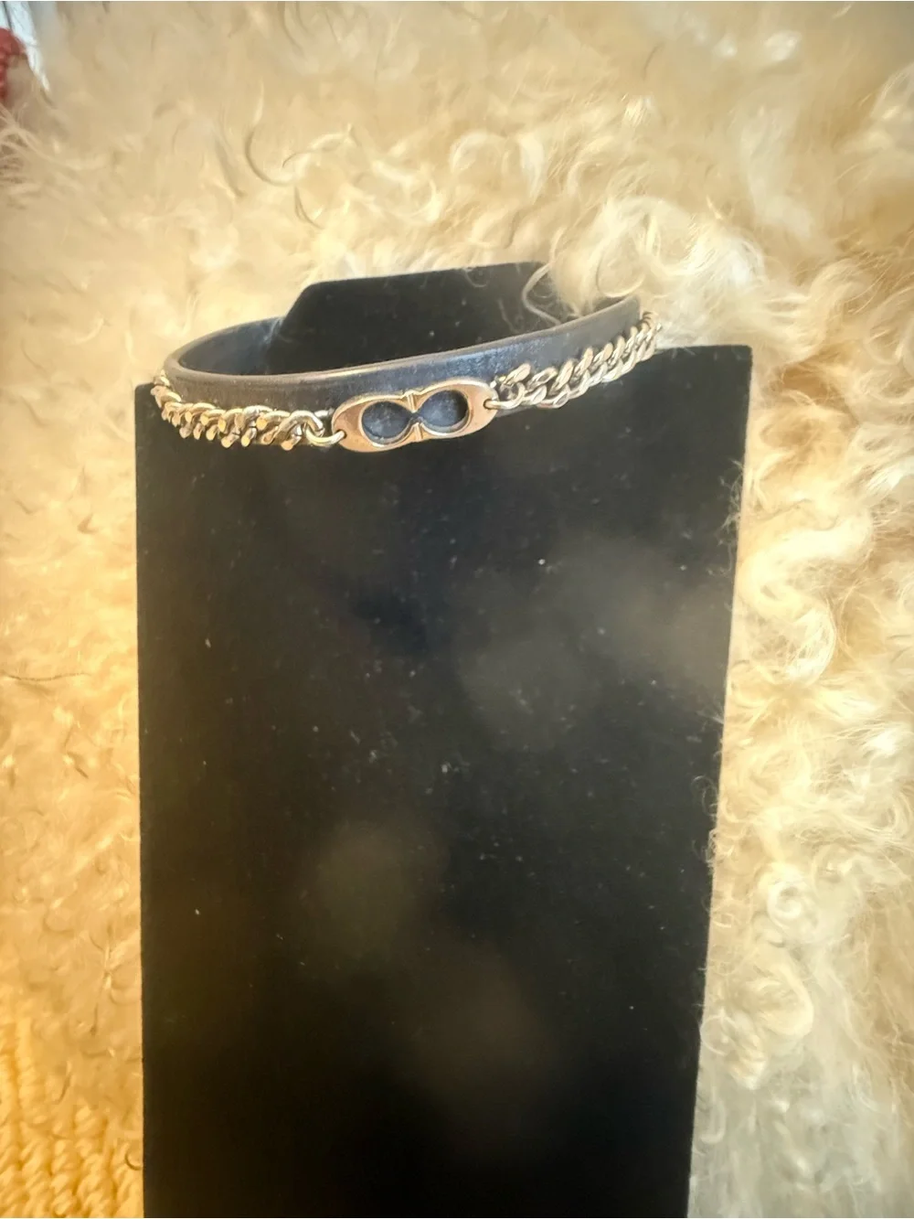 Coach Black Leather Bracelet with Silver Chain Accent